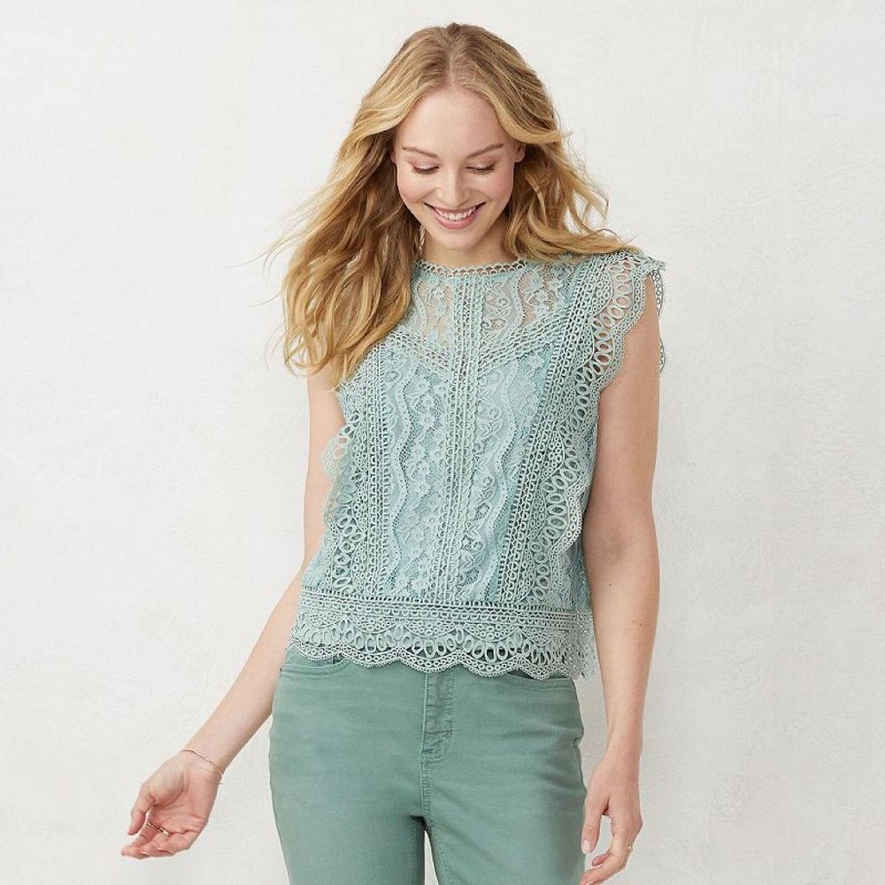 NWT Lc Lauren Conrad Layered Tank Blouse Shirt Top WL21W030RS L Inez Green Blue